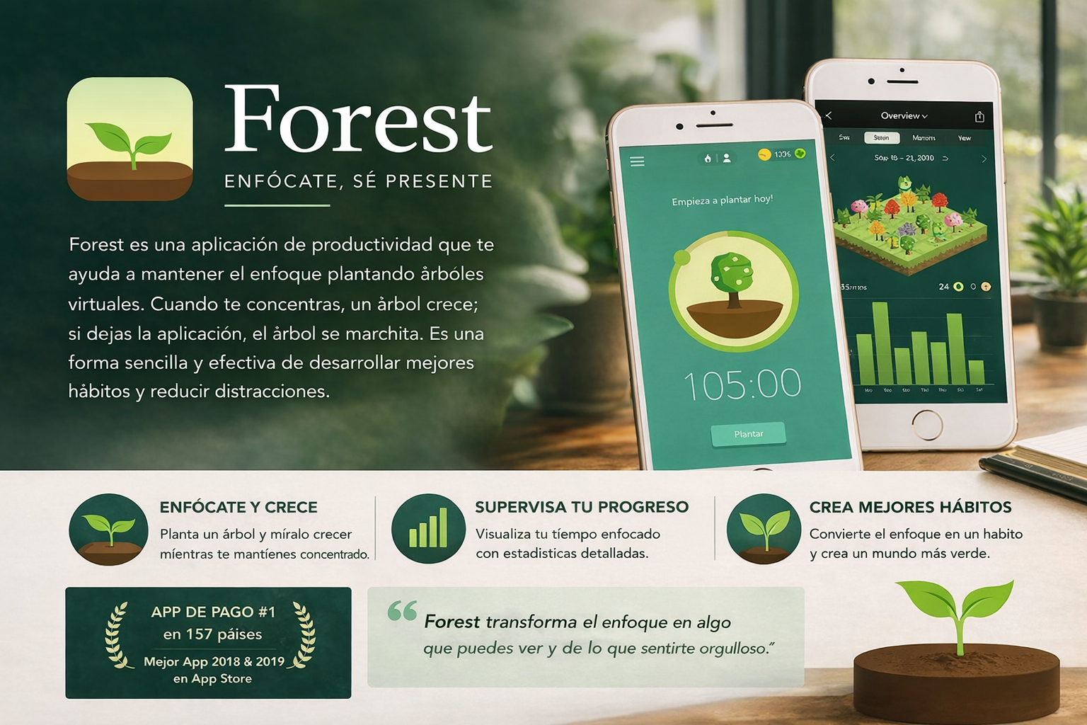 Imagen promocional de la app Forest en español, con su logo a la izquierda, dos teléfonos mostrando el temporizador de enfoque y estadísticas de progreso, sobre un escritorio con fondo verde y estilo profesional.